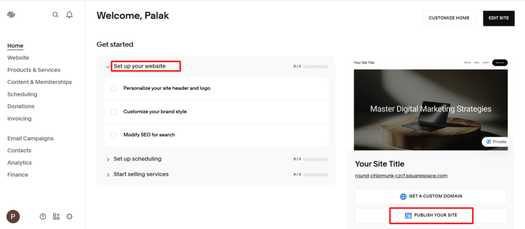 Click on Publish your site